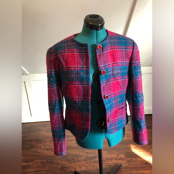 🧺Vintage Pendleton Pink & Navy Plaid Wool Blazer w/ Buttons, size 10 - Picture 5 of 6